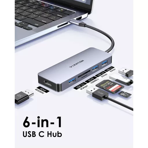 LENTION USB C Hub so 4K HDMI výstupom, 3 USB 3.0 portami, duálnou čítačkou SD3.0 kariet - Multi rozbočovač kompatibilný s MacBook Pro/Air, iPad Pro, Surface