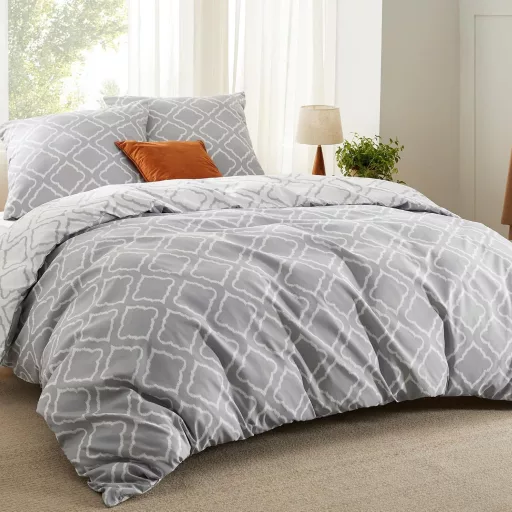 Bedsure Mikroszálas Ágyneműhuzat 155x220 cm Szürke Rácsozott 3 Részes Garnitúra Párnával