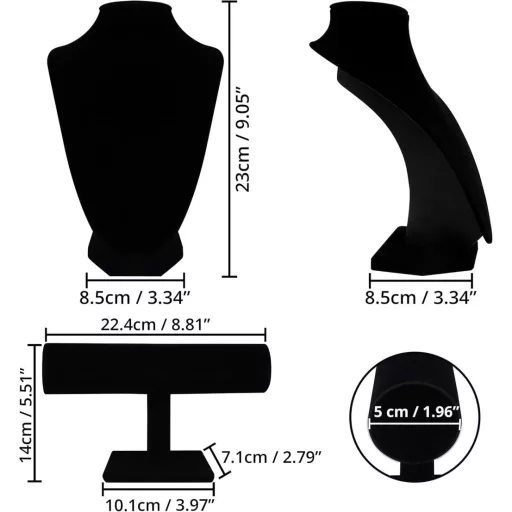 BELLE VOUS crni baršunasti stalak za nakit za ogrlice, narukvice i satove - set od 2 komada