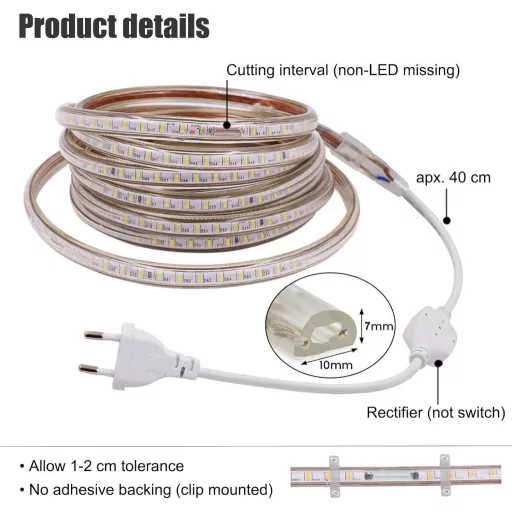 Bandă LED 220V XUNATA, 120 LED/m, IP67, impermeabilă, alb rece, SMD 3014, iluminat bucătărie.