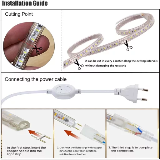 Bandă LED 220V XUNATA, 120 LED/m, IP67, impermeabilă, alb rece, SMD 3014, iluminat bucătărie.