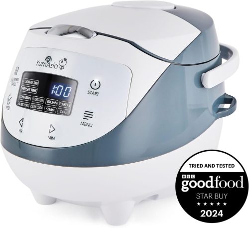 Yum Asia Panda Mini fierbător de orez 0,6L cu vas ceramic, tehnologie Micom Fuzzy Logic, 8 funcții de gătit, display LED, 350W, alb-gri