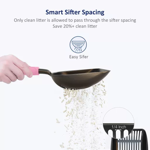 WePet alumínium macskavécé lapát hosszú nyéllel, tapadásmentes, erős fém szita fekete-rózsaszín