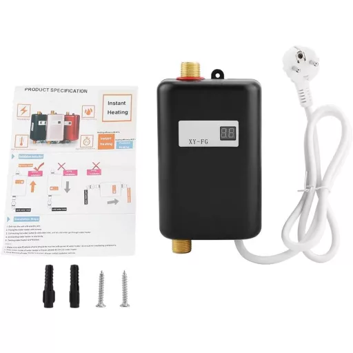 220V 3400W Mini Átfolyós Vízmelegítő – Azonnali Melegvíz Zuhanyhoz és Konyhába, Kompakt Villanybojler (Fekete, EU)
