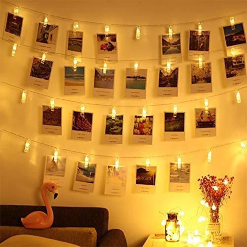 Adurei LED Fotócsipeszes Fényfüzér 40 db Csipesszel - 6m Elemes Dekorációs Világítás Képek Rögzítéséhez - Beltéri/Kültéri Meleg Fehér Fény