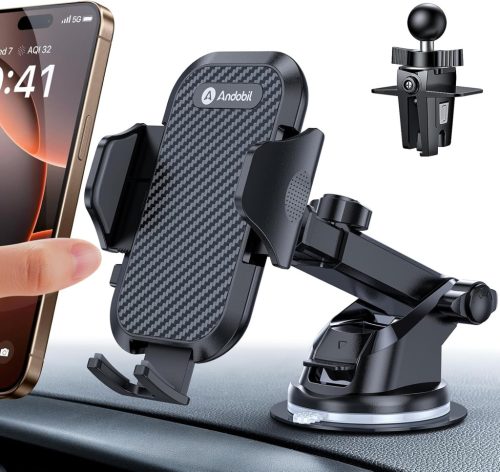 andobil 3-in-1 Univerzális Autós Telefontartó - Szellőzőrácsra és Szélvédőre, Karbon Fekete, iPhone Samsung Huawei Xiaomi Kompatibilis