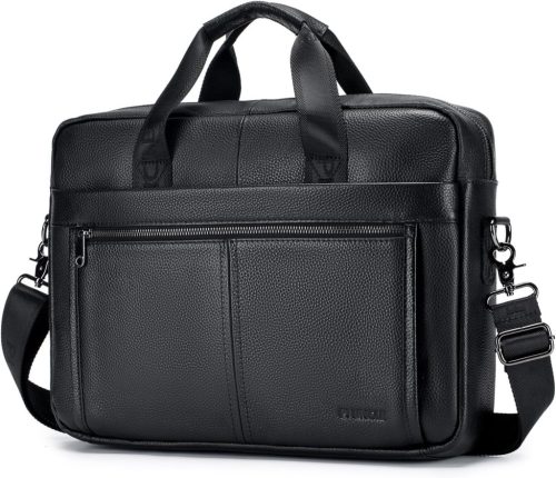 BAGZY Valódi Bőr Laptop Táska 15.6" - Férfi Aktatáska Válltáska 8 Rekesszel, Üzleti Notebook Táska Irodai Használatra, Fekete