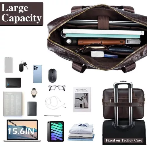 BAGZY Valódi Bőr Laptop Táska 15.6" - Férfi Aktatáska Válltáska 8 Rekesszel, Üzleti Notebook Táska Irodai Használatra, Fekete