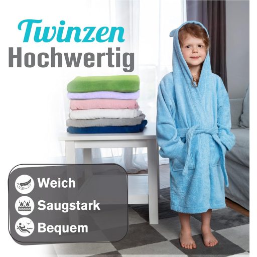 Twinzen gyerek fürdőköpeny 100% pamut, Oeko-Tex® certified, kapucni fülekkel