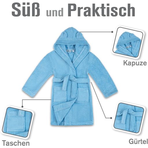 Halat de baie pentru copii Twinzen, 100% bumbac, certificat Oeko-Tex®, cu glugă cu urechi.