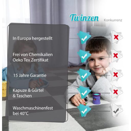 Halat de baie pentru copii Twinzen, 100% bumbac, certificat Oeko-Tex®, cu glugă cu urechi.