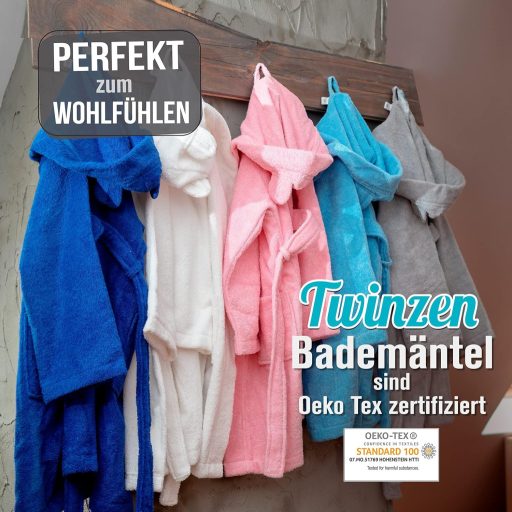 Twinzen gyerek fürdőköpeny 100% pamut, Oeko-Tex® certified, kapucni fülekkel
