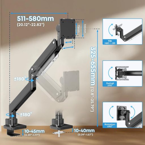 Putorsen Monitor Arm - Nastaviteľný držiak monitora s nosnosťou 5,68 kg, ergonomické rameno na monitor s upevnením na stôl, 44 cm