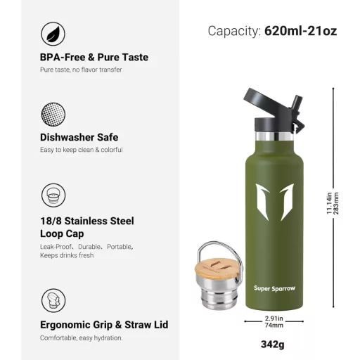 Super Sparrow rozsdamentes acél termosz palack 350-1000ml, szivárgatásmentes, BPA-mentes sportpalack - 620 fluid ounces, Green (Sage)