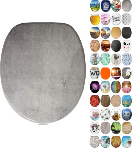 Sanilo Capac WC Oval cu Model Beton - MDF Aspect Lemn, Închidere Lentă (Soft-Close), Balamale Stabile și Montare Ușoară