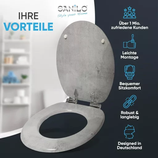 Sanilo Capac WC Oval cu Model Beton - MDF Aspect Lemn, Închidere Lentă (Soft-Close), Balamale Stabile și Montare Ușoară