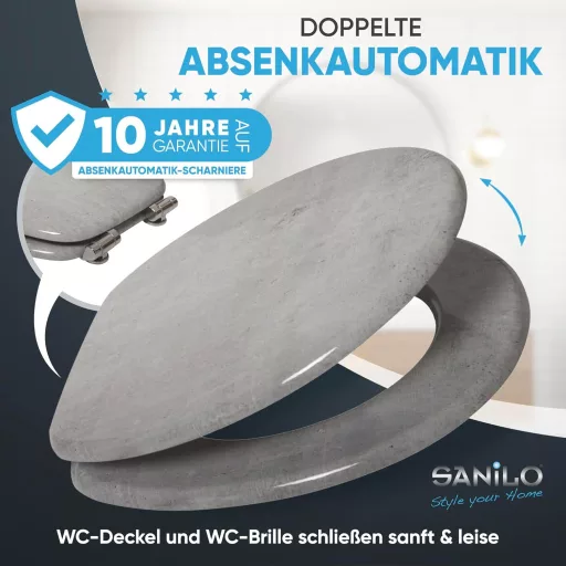 Sanilo Capac WC Oval cu Model Beton - MDF Aspect Lemn, Închidere Lentă (Soft-Close), Balamale Stabile și Montare Ușoară