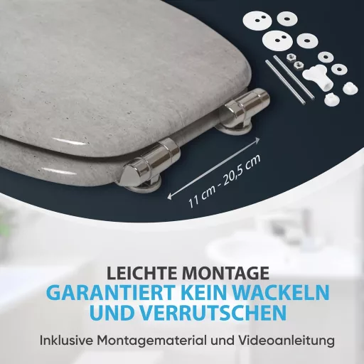 Sanilo Capac WC Oval cu Model Beton - MDF Aspect Lemn, Închidere Lentă (Soft-Close), Balamale Stabile și Montare Ușoară