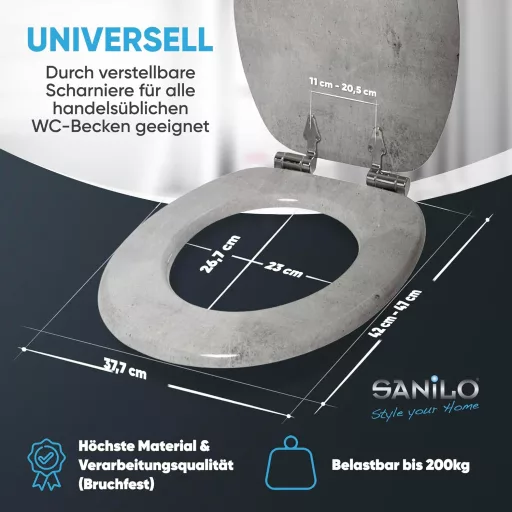 Sanilo Capac WC Oval cu Model Beton - MDF Aspect Lemn, Închidere Lentă (Soft-Close), Balamale Stabile și Montare Ușoară