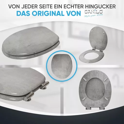 Sanilo Capac WC Oval cu Model Beton - MDF Aspect Lemn, Închidere Lentă (Soft-Close), Balamale Stabile și Montare Ușoară