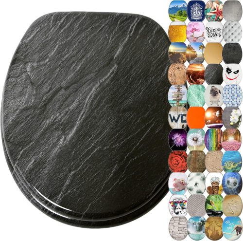Sanilo Gránit Capac WC Oval Lemn - Mecanism de Închidere Lentă (Soft Close), Balamale Durabile, Stil Rustic, Montare Ușoară, 2 kg