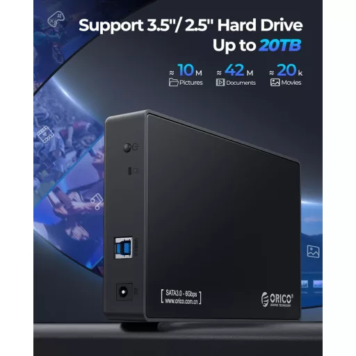 Externý box na 3,5" pevný disk ORICO USB 3.0 do 20 TB, kryt pre SATA HDD/SSD s podporou UASP