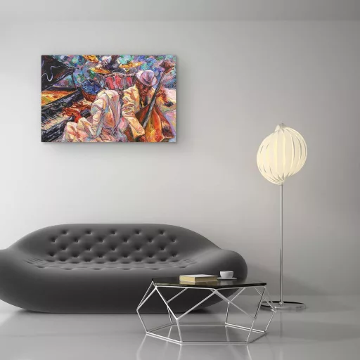 Tablou Abstract Startonight cu Trupa de Jazz Portocalie - 60x90 cm, Decor Modern de Perete pentru Living, Dormitor - Efect Zi-Noapte