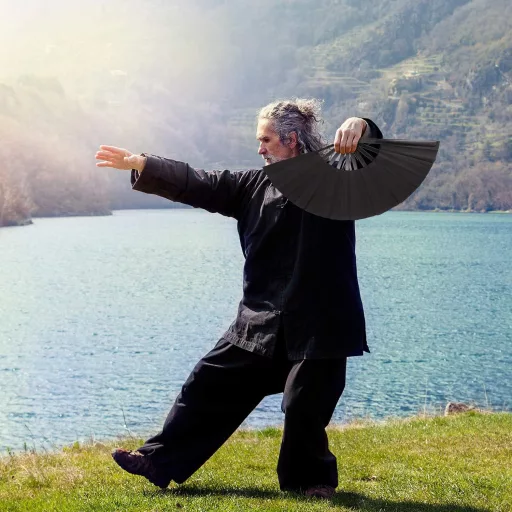 Maitys nagy selyem legyező fekete 2 db-os szett Tai Chi tánchoz