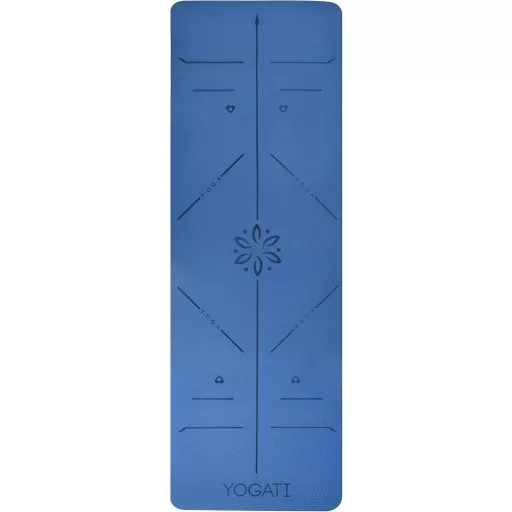 YOGATI Jógaszőnyeg Kék Csúszásmentes Hordozópánttal, Vezetővonalakkal Fitness Tornaszőnyeg Edzéshez Jógához 183x61cm