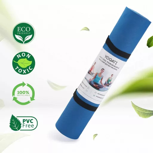 YOGATI Covoraș de Yoga Albastru Antiderapant cu Curea de Transport, Linii de Ghidare, Covoraș de Fitness pentru Exerciții, Yoga, 183x61cm