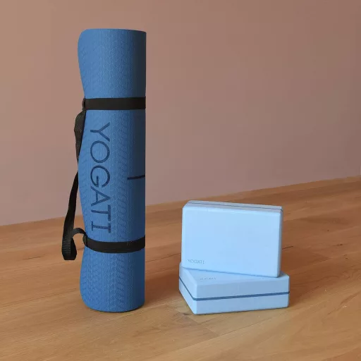 YOGATI Covoraș de Yoga Albastru Antiderapant cu Curea de Transport, Linii de Ghidare, Covoraș de Fitness pentru Exerciții, Yoga, 183x61cm