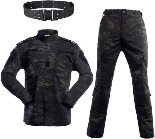 WISEONUS Airsoft Taktikai Ruházat Szett - Katonai Terepszínű Egyenruha Paintball Játékhoz, Vadászathoz - Fekete Terep Mintás Kabát és Nadrág