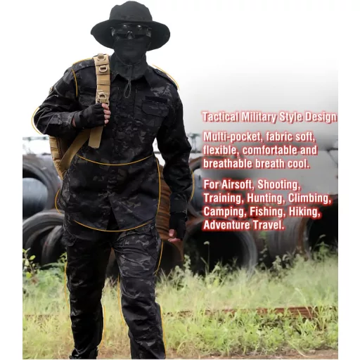 WISEONUS Airsoft Taktikai Ruházat Szett - Katonai Terepszínű Egyenruha Paintball Játékhoz, Vadászathoz - Fekete Terep Mintás Kabát és Nadrág