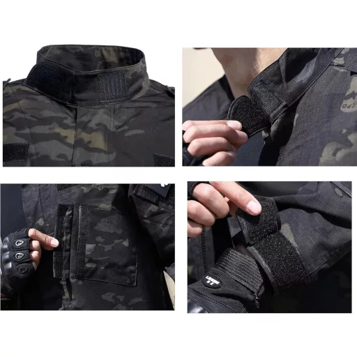 WISEONUS Airsoft Taktikai Ruházat Szett - Katonai Terepszínű Egyenruha Paintball Játékhoz, Vadászathoz - Fekete Terep Mintás Kabát és Nadrág