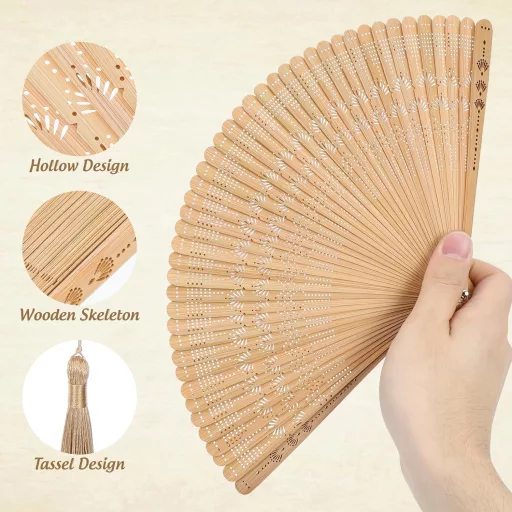 VOSAREA Bamboo Kézi Legyező - Vintage Japán-Kínai Stílusú Bambusz Legyező Esküvőre, Táncra, Partikra, Bojtos Díszítéssel, 18 cm