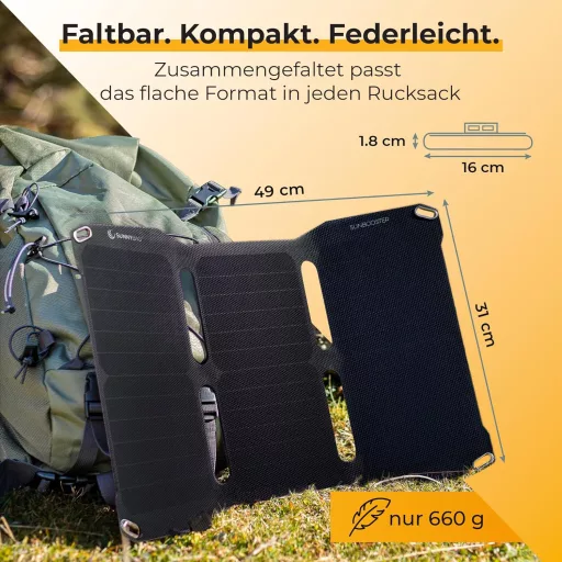 Încărcător solar pliabil SunnyBAG SUNBOOSTER 21W cu 2 ieșiri USB, rezistent la apă