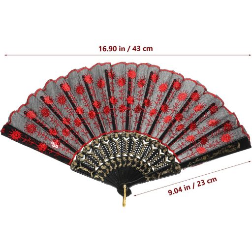 VOSAREA Vintage španielsky čipkovaný vejár červeno-čierny, doplnok ku kostýmu z 20. rokov
