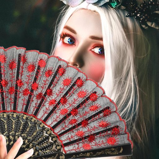 VOSAREA Vintage španielsky čipkovaný vejár červeno-čierny, doplnok ku kostýmu z 20. rokov