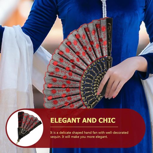 VOSAREA Vintage španielsky čipkovaný vejár červeno-čierny, doplnok ku kostýmu z 20. rokov