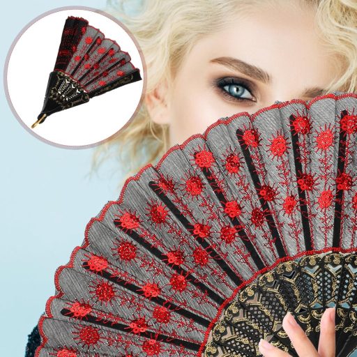 VOSAREA Vintage španielsky čipkovaný vejár červeno-čierny, doplnok ku kostýmu z 20. rokov