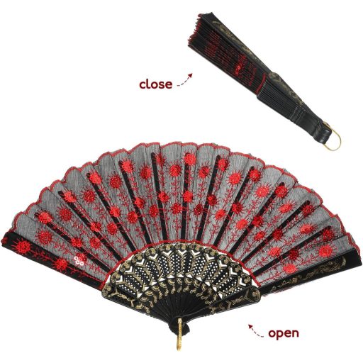 VOSAREA Vintage španielsky čipkovaný vejár červeno-čierny, doplnok ku kostýmu z 20. rokov