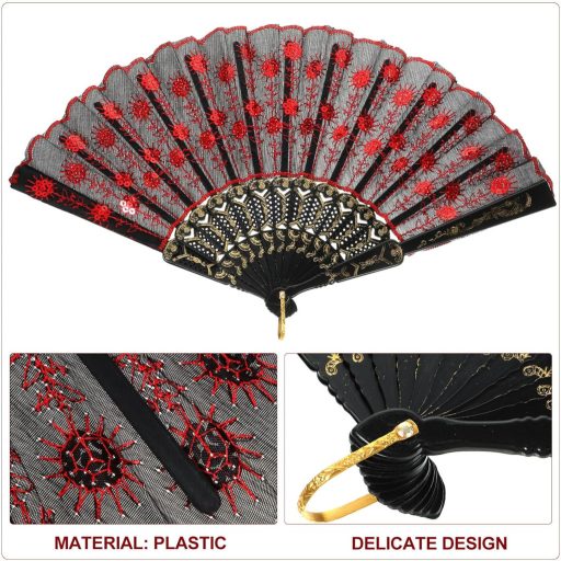 VOSAREA Vintage španielsky čipkovaný vejár červeno-čierny, doplnok ku kostýmu z 20. rokov