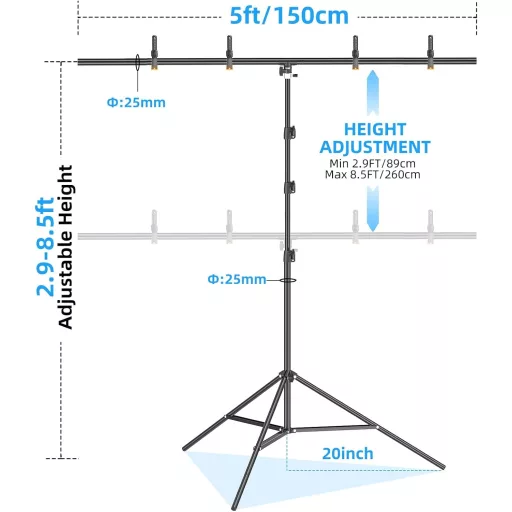 EMART T alakú háttérrendszer 1,5x2,6m fotózási állvánnyal és 4 rugós csipesszel