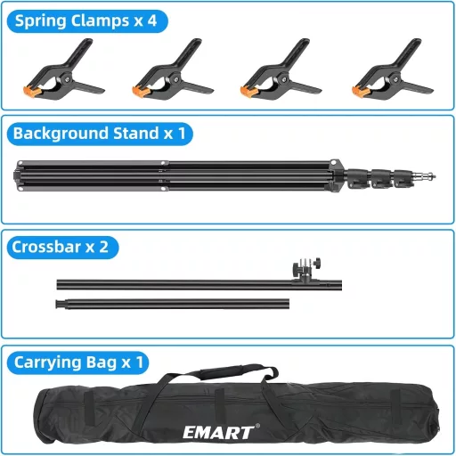 EMART T alakú háttérrendszer 1,5x2,6m fotózási állvánnyal és 4 rugós csipesszel