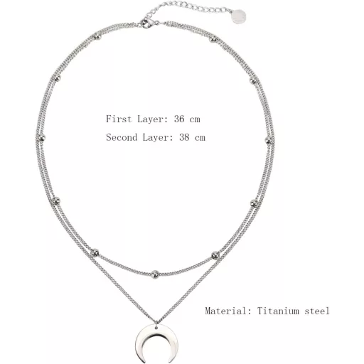 BaubleStar Colier Damă Multi-Șir cu Pandantiv Semilună - Lanț Multi-Strat din Titan, Bijuterie cu Lună Fără Nichel