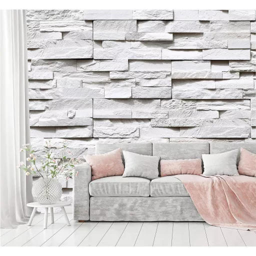 murimage 3D Kőfal Fototapéta 274x254 cm - Fehér Papír Faldekoráció Ragasztóval, Nappali és Hálószoba Díszítéshez, made in Germany