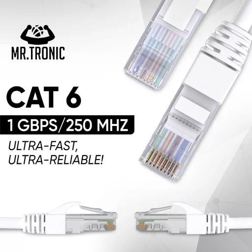 Mr. Tronic CAT6 Ethernet mrežni kabel | UTP patch kabel | RJ45 konektor | AWG24 | Bijeli | Za povezivanje računala i routera