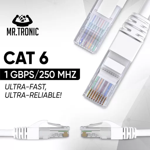 Cablu de rețea Ethernet Mr. Tronic CAT6 | Cablu patch UTP | Conector RJ45 | AWG24 | Alb | Pentru conectarea computerului și a routerului