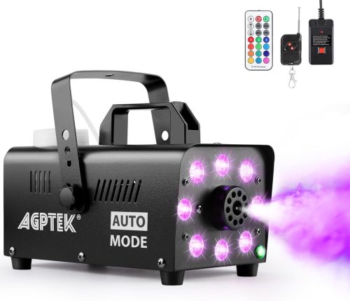 Mașină de fum AGPtEK cu lumini LED în 13 culori - 500W cu efecte RGB, debit de 57m³/min, cu telecomandă cu fir și radio, pentru nunți, Hallo
