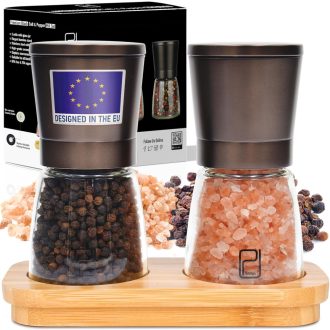   PJCKitchen Fekete Rozsdamentes Fűszermalom Bambusz Állvánnyal - Só és Bors Őrlő Szett